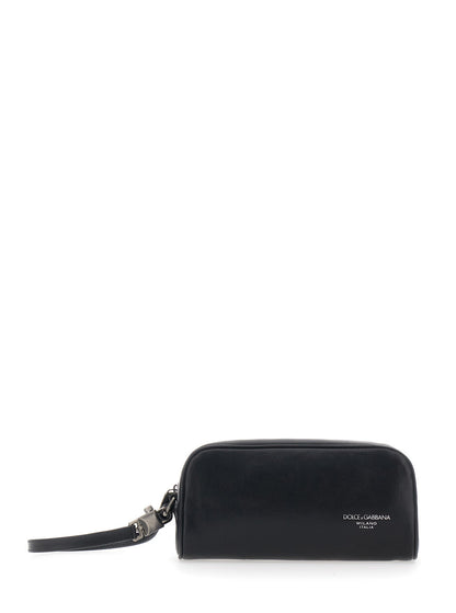 Dolce & Gabbana Men Black Clutch With Wrist Strap And Logo Lettering On The Front In Leather Man
