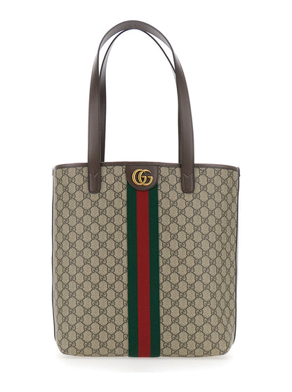 Gucci Men 'Ophidia' Beige Shoulder Bag With Gg Plaque On The Front And Web Detail On The Front In Gg Canvas And Leather Man