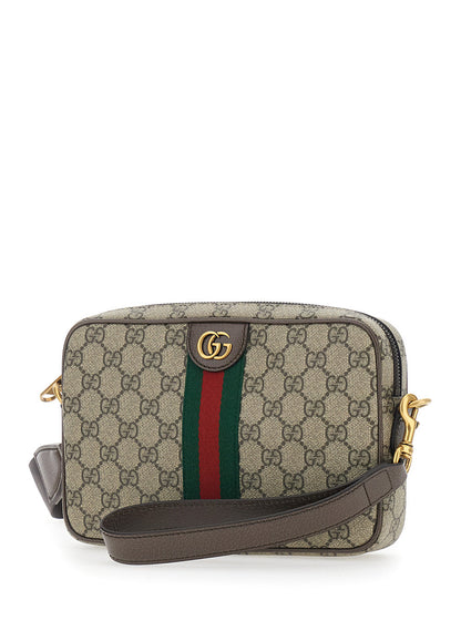 Gucci Men 'Ophidia' Beige Crossbody Bag With Adjustable And Removable Shoulder Strap And Web Detail On The Front In Gg Supreme And Leather Man