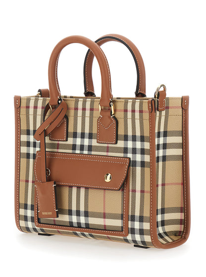 Burberry Women 'Freya Mini' Beige Handbag With All-Over Check Motif And Hanging Tag With Logo In Fabric Woman