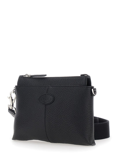 Tod's Men Black Clutch With Removable Shoulder Strap And Embossed Logo On The Front In Grained Leather Man