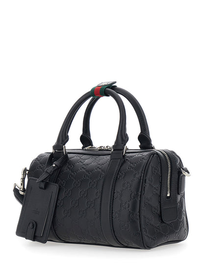 Gucci Men 'Emblem' Black Handbag With All-Over Embossed Gg Motif And Web Detail In Leather Man