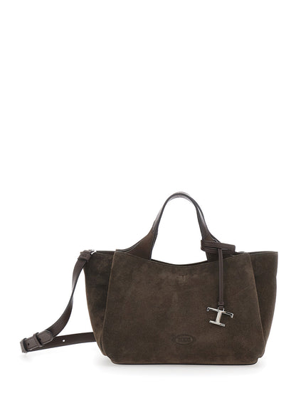 Tod's Women 'Apa 2 Manici' Brown Mini Tote Bag With Adjustable And Removable Shoulder Strap And Logo Plaque Pendant In Suede Woman