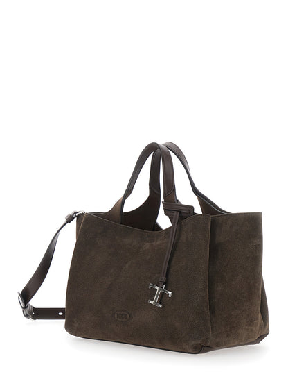Tod's Women 'Apa 2 Manici' Brown Mini Tote Bag With Adjustable And Removable Shoulder Strap And Logo Plaque Pendant In Suede Woman