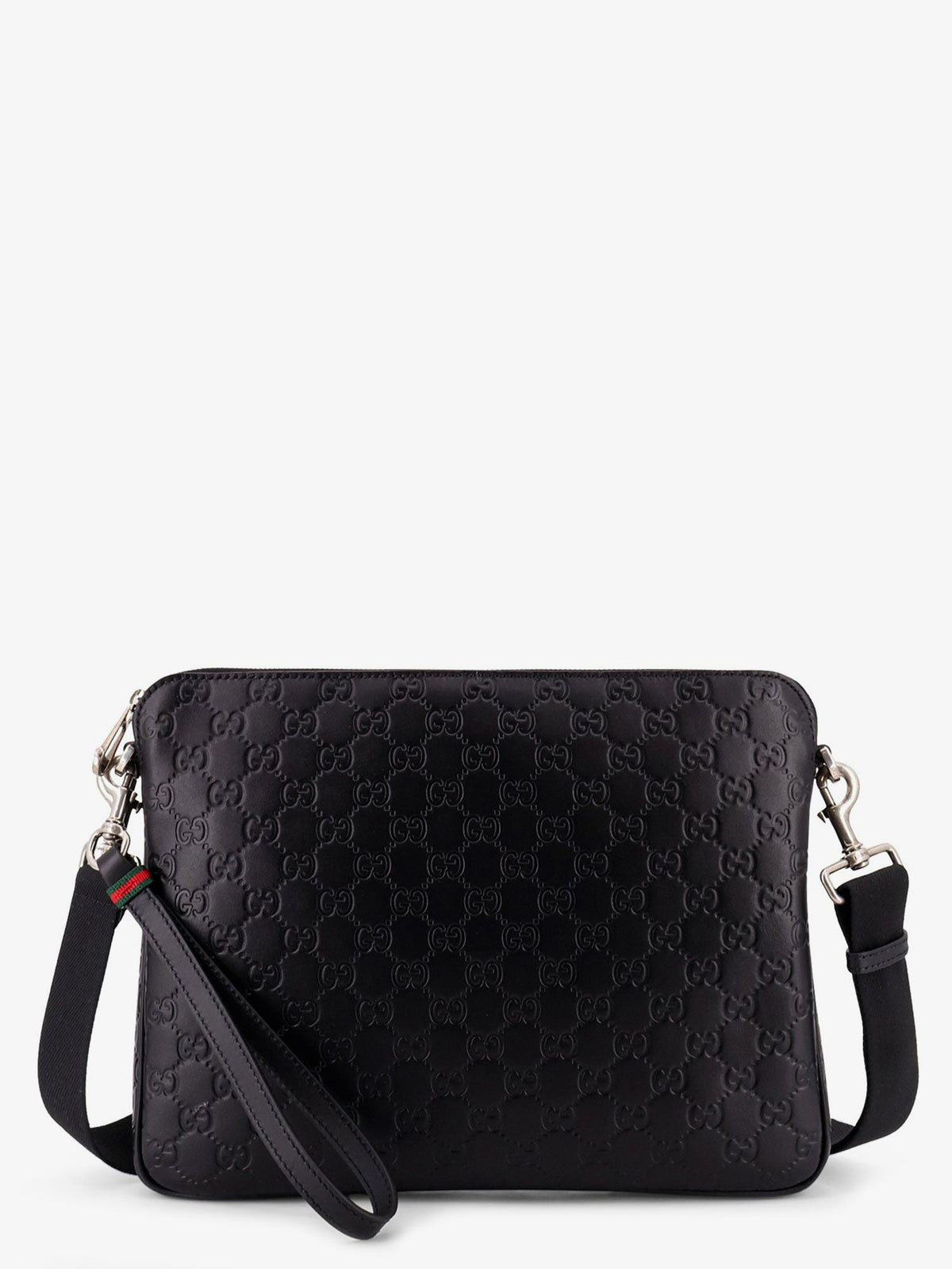 Gucci Men Leather Gg Emblem Crossbody Bag With Embossed Gg Motif
