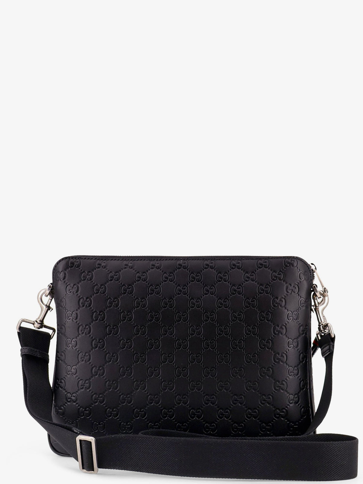 Gucci Men Leather Gg Emblem Crossbody Bag With Embossed Gg Motif