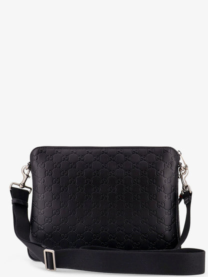Gucci Men Leather Gg Emblem Crossbody Bag With Embossed Gg Motif