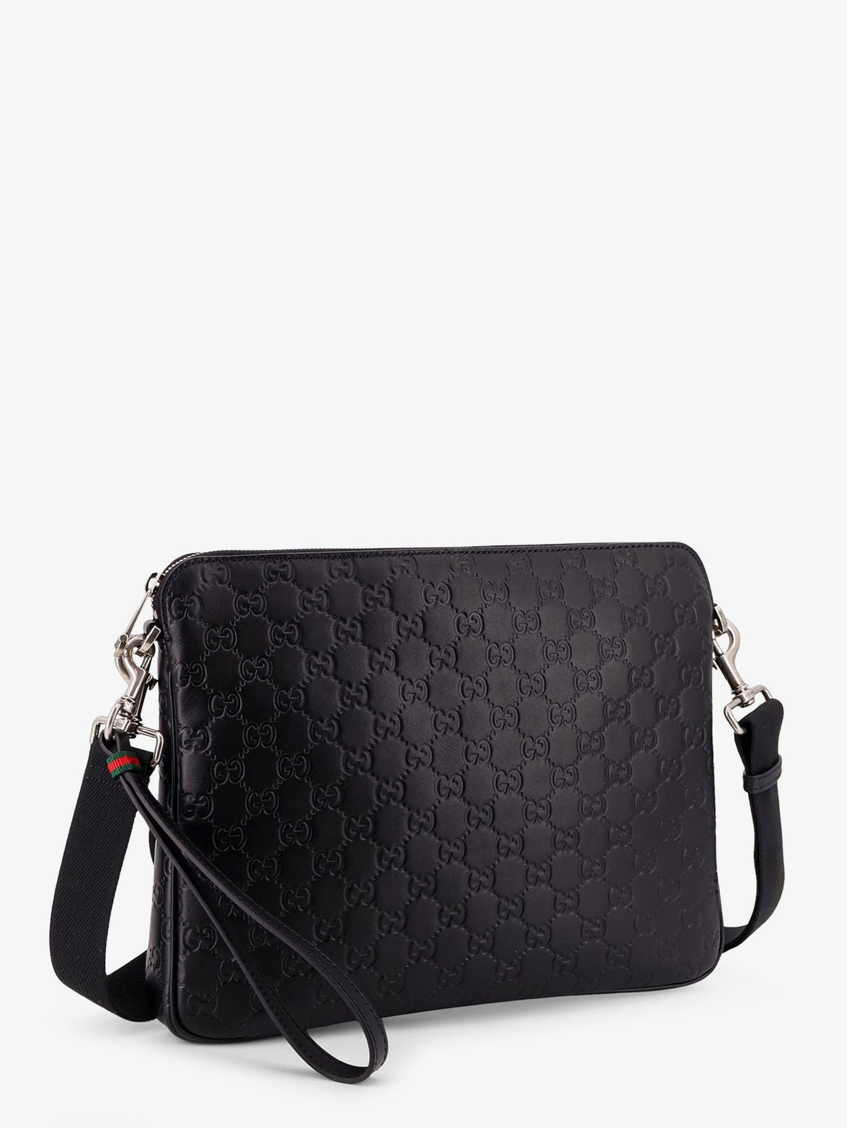 Gucci Men Leather Gg Emblem Crossbody Bag With Embossed Gg Motif