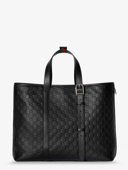 Gucci Men Gg Emblem Leather Shopping Bag With Embossed Gg Motif