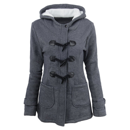 Warm winter fur collar jackets women horn button Long down coat parka Plus Size female parka hoodies Women Dark grey