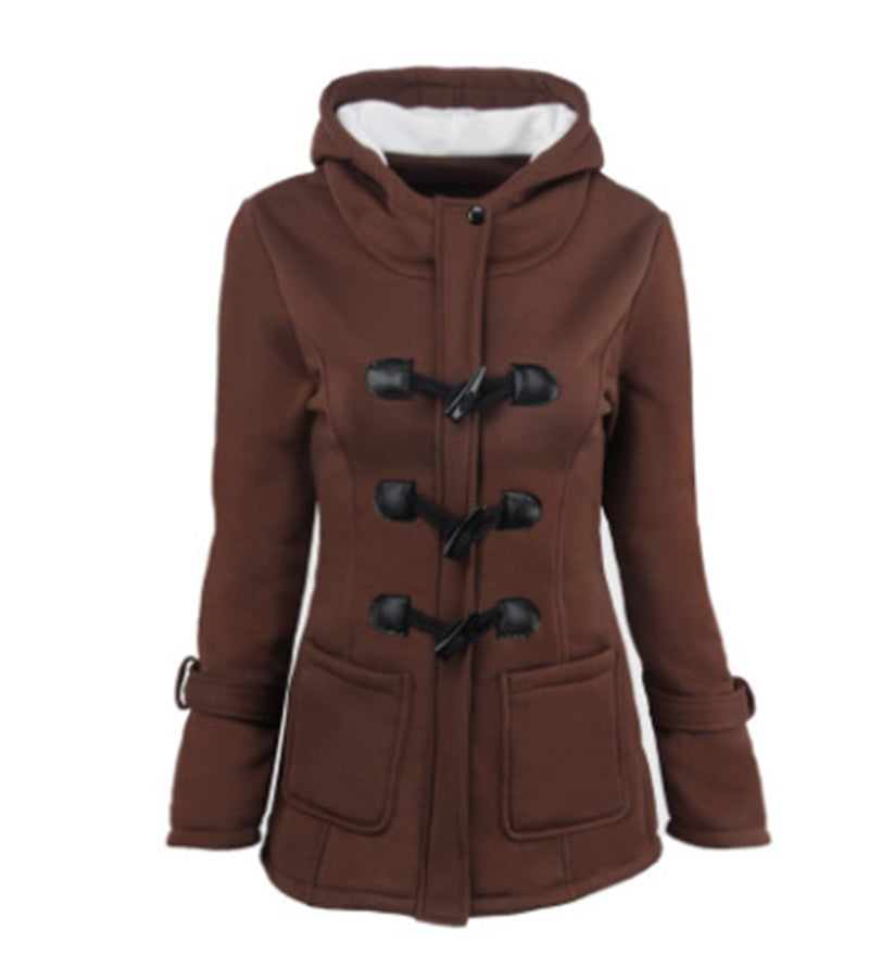 Warm winter fur collar jackets women horn button Long down coat parka Plus Size female parka hoodies Women Brown